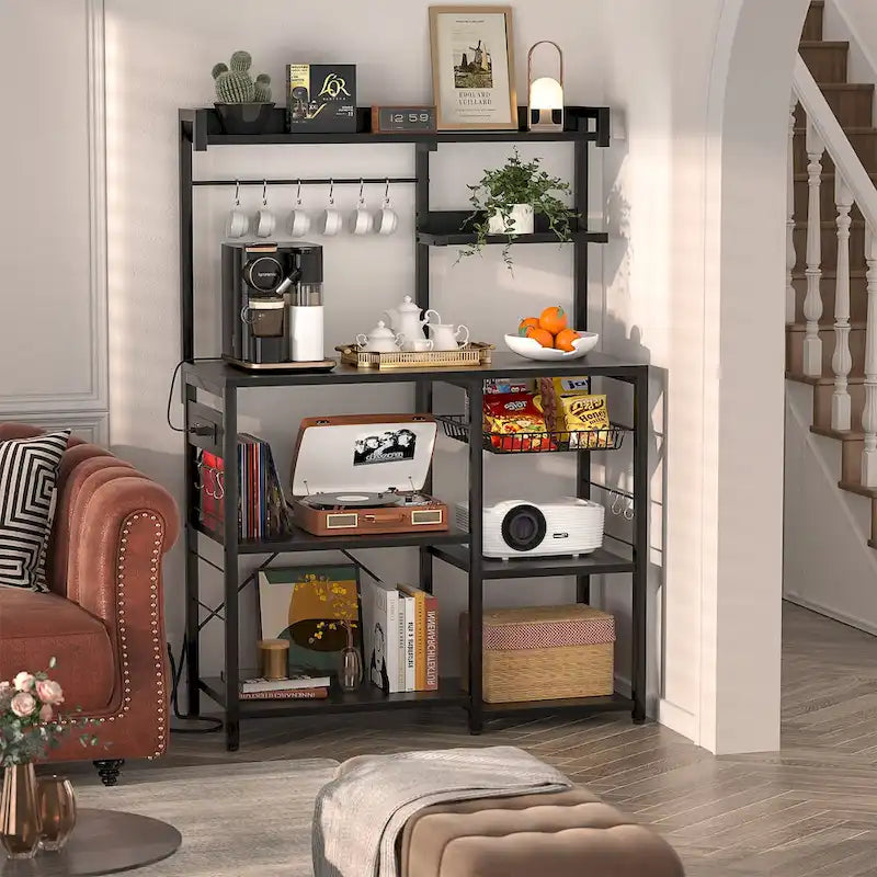 Bakers Rack with Power Outlet and LED Light Strings, Kitchen Storage Shelf