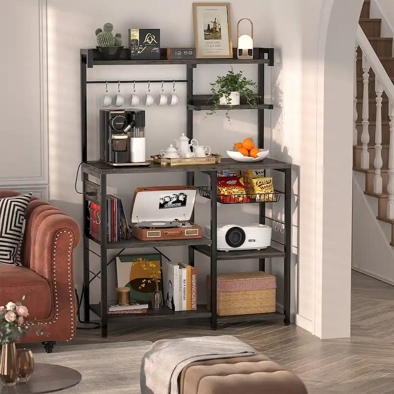 Kitchen Baker's Rack with Power Outlet, LED Light, and Storage Shelves