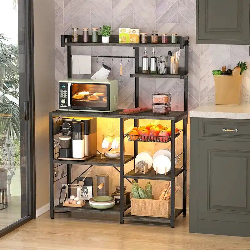 Kitchen Baker's Rack with Power Outlet, LED Light, and Storage Shelves