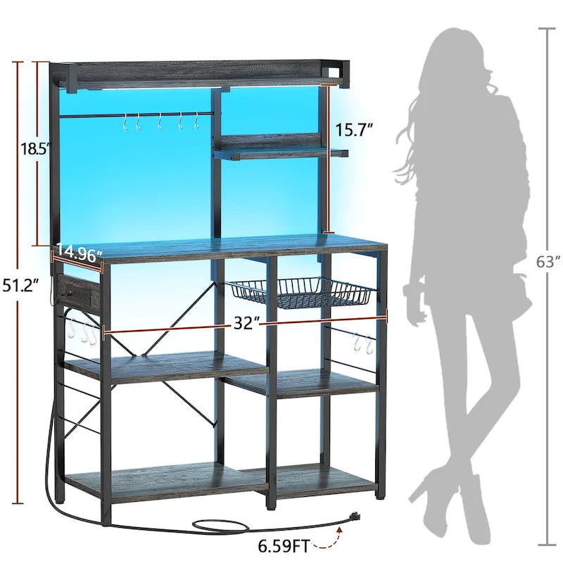 Kitchen Baker's Rack with Power Outlet, LED Light, and Storage Shelves