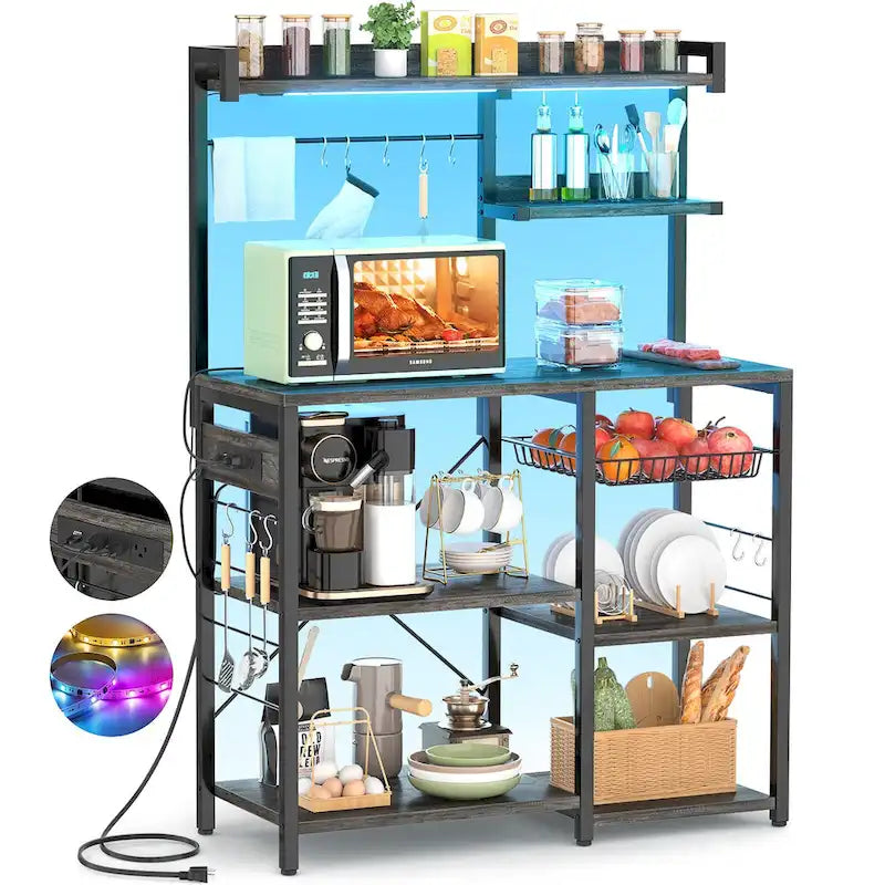 Kitchen Baker's Rack with Power Outlet, LED Light, and Storage Shelves