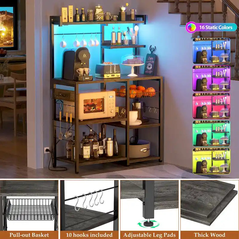 Kitchen Baker's Rack with Power Outlet, LED Light, and Storage Shelves