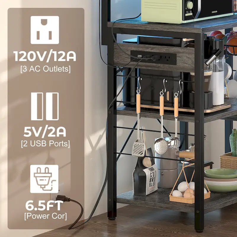 Kitchen Baker's Rack with Power Outlet, LED Light, and Storage Shelves