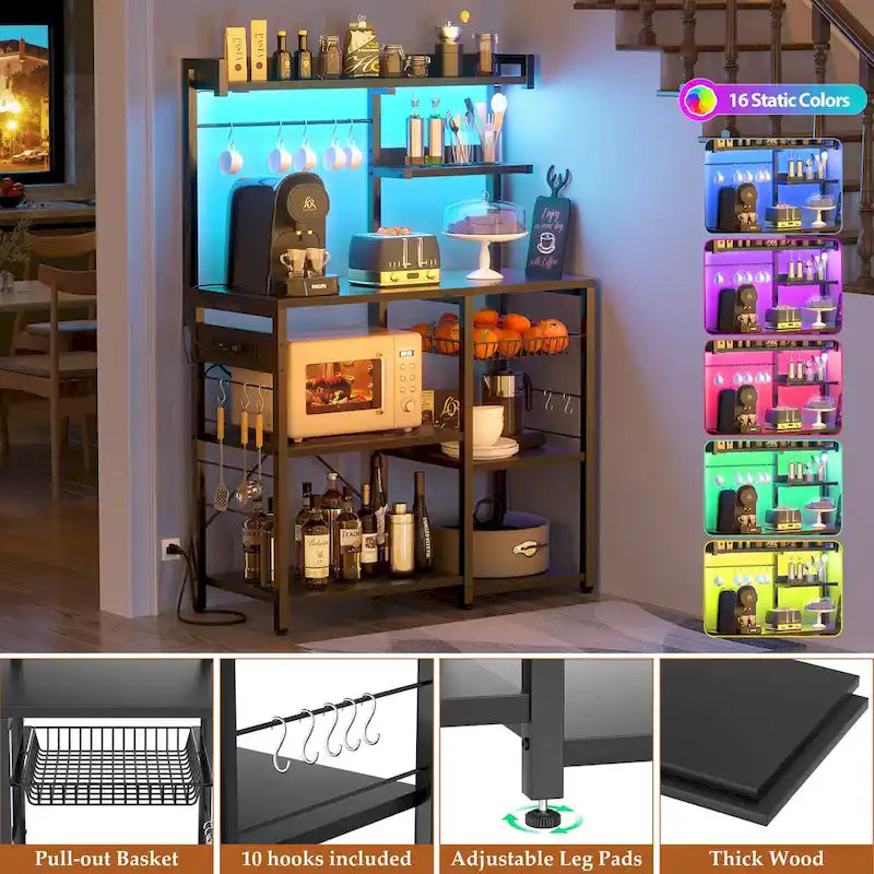 Kitchen Baker's Rack with Power Outlet, LED Light, and Storage Shelves