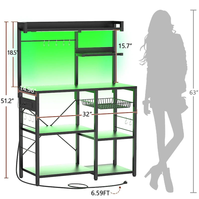 Kitchen Baker's Rack with Power Outlet, LED Light, and Storage Shelves