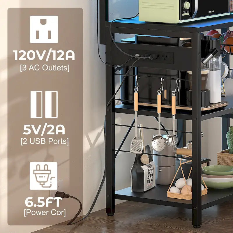 Kitchen Baker's Rack with Power Outlet, LED Light, and Storage Shelves