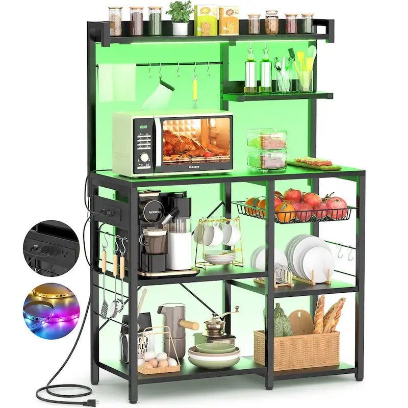 Kitchen Baker's Rack with Power Outlet, LED Light, and Storage Shelves
