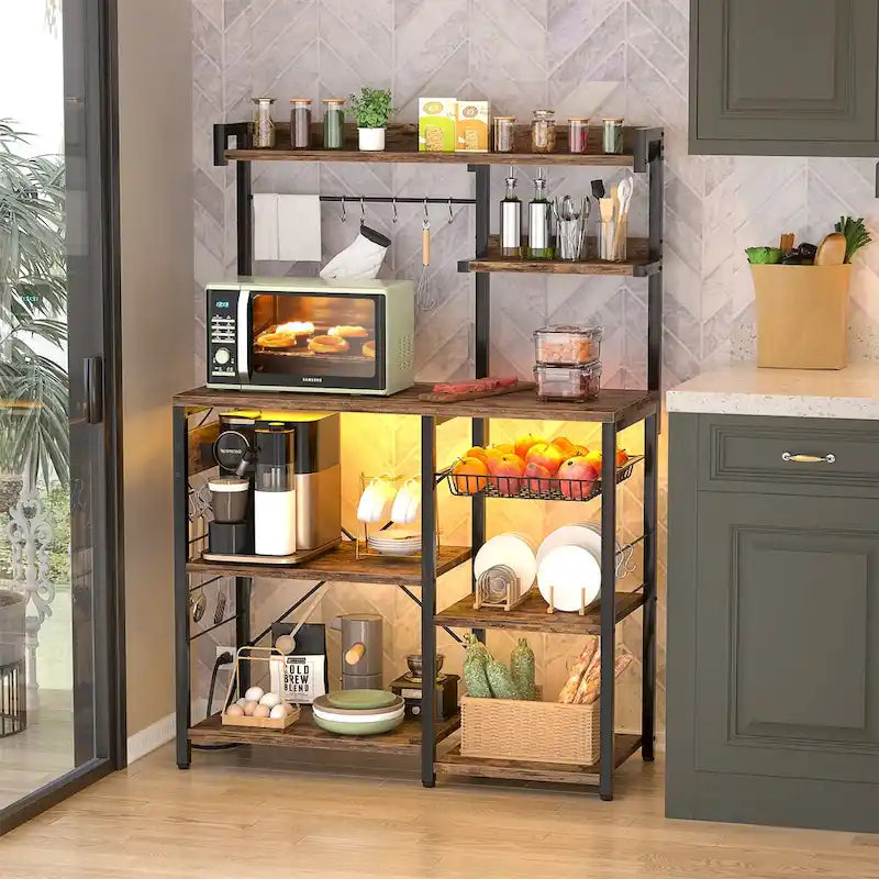 Kitchen Baker's Rack with Power Outlet, LED Light, and Storage Shelves
