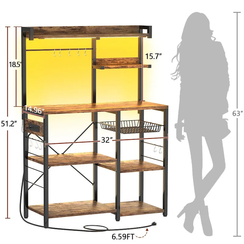 Kitchen Baker's Rack with Power Outlet, LED Light, and Storage Shelves