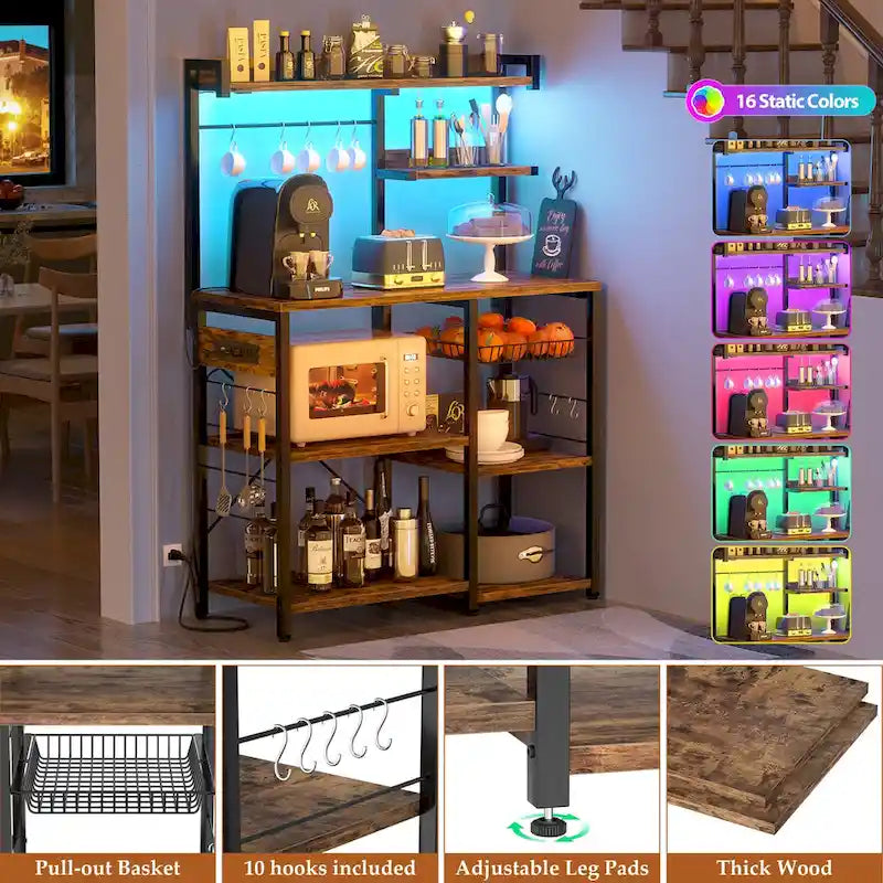 Kitchen Baker's Rack with Power Outlet, LED Light, and Storage Shelves