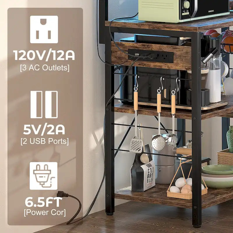 Kitchen Baker's Rack with Power Outlet, LED Light, and Storage Shelves