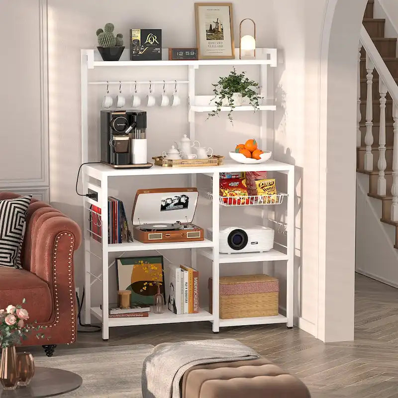 Kitchen Baker's Rack with Power Outlet, LED Light, and Storage Shelves