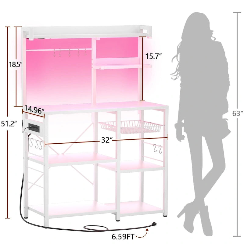 Kitchen Baker's Rack with Power Outlet, LED Light, and Storage Shelves