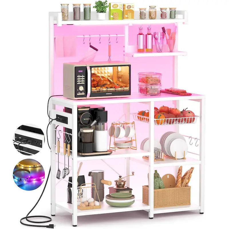 Kitchen Baker's Rack with Power Outlet, LED Light, and Storage Shelves
