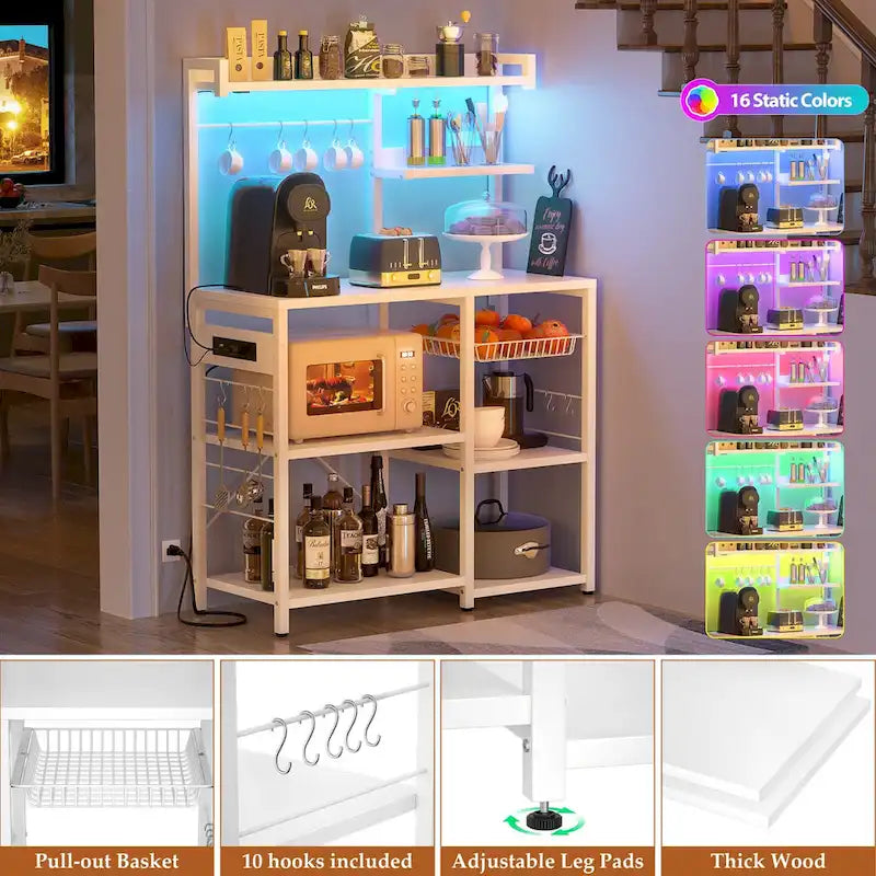 Kitchen Baker's Rack with Power Outlet, LED Light, and Storage Shelves