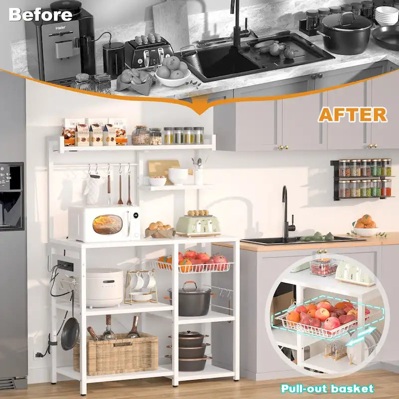 Kitchen Baker's Rack with Power Outlet, LED Light, and Storage Shelves