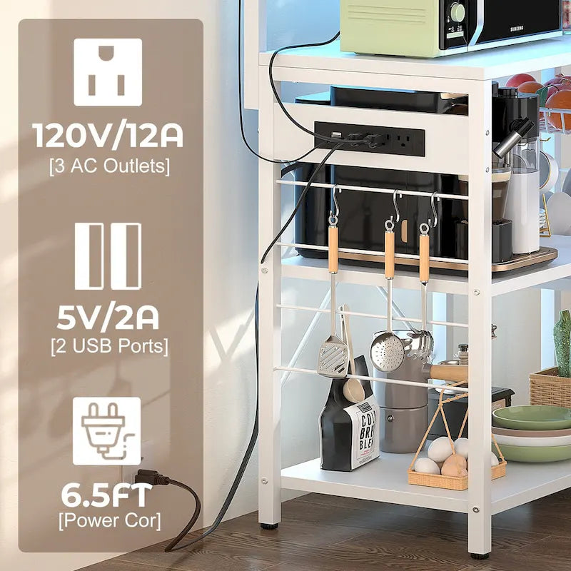 Kitchen Baker's Rack with Power Outlet, LED Light, and Storage Shelves
